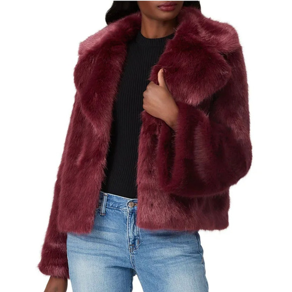 Unreal Fur Jackets & Blazers - Unreal Fur Burgundy Faux Fur Jacket LARGE Formal Glam Teddy Coat Designer $339